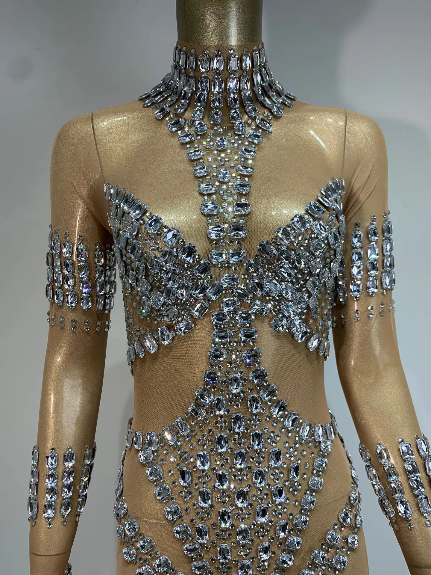 STOCK Sexy Mesh Rhinestone Jumpsuit Female Singer Performance Outfit Bar Nightclub Gig Costume See-Through Luxury Evening Gowns