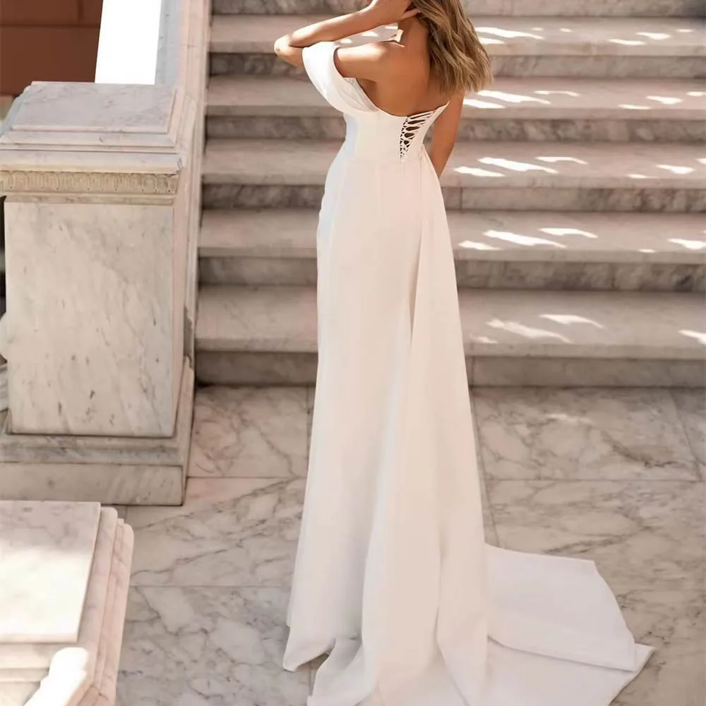 Customized Soft White Satin Wedding Dress For Woman Bride Sweetheart Off the Shoulder Sexy Straight Court Train Bridal Gown