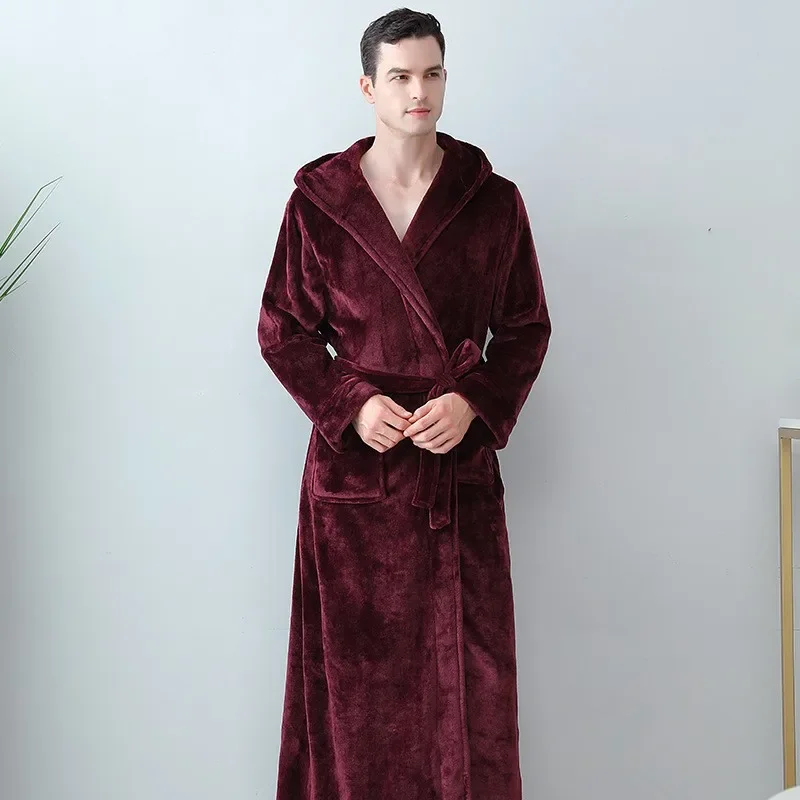 Thickened and elongated bathrobe, women's winter coral velvet, men's hooded pajamas, couple's hooded flannel pajamas