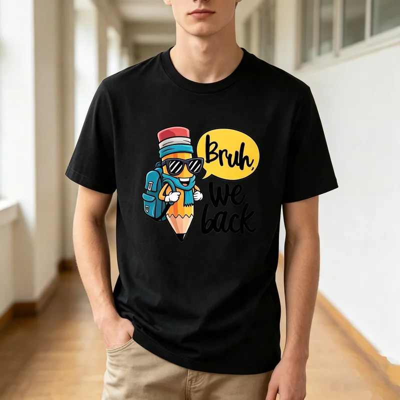 Bruh We Back Shirt Back to School Graphic Tee Funny Pencil Character Print T-Shirt Casual Unisex Teacher Student Top for First
