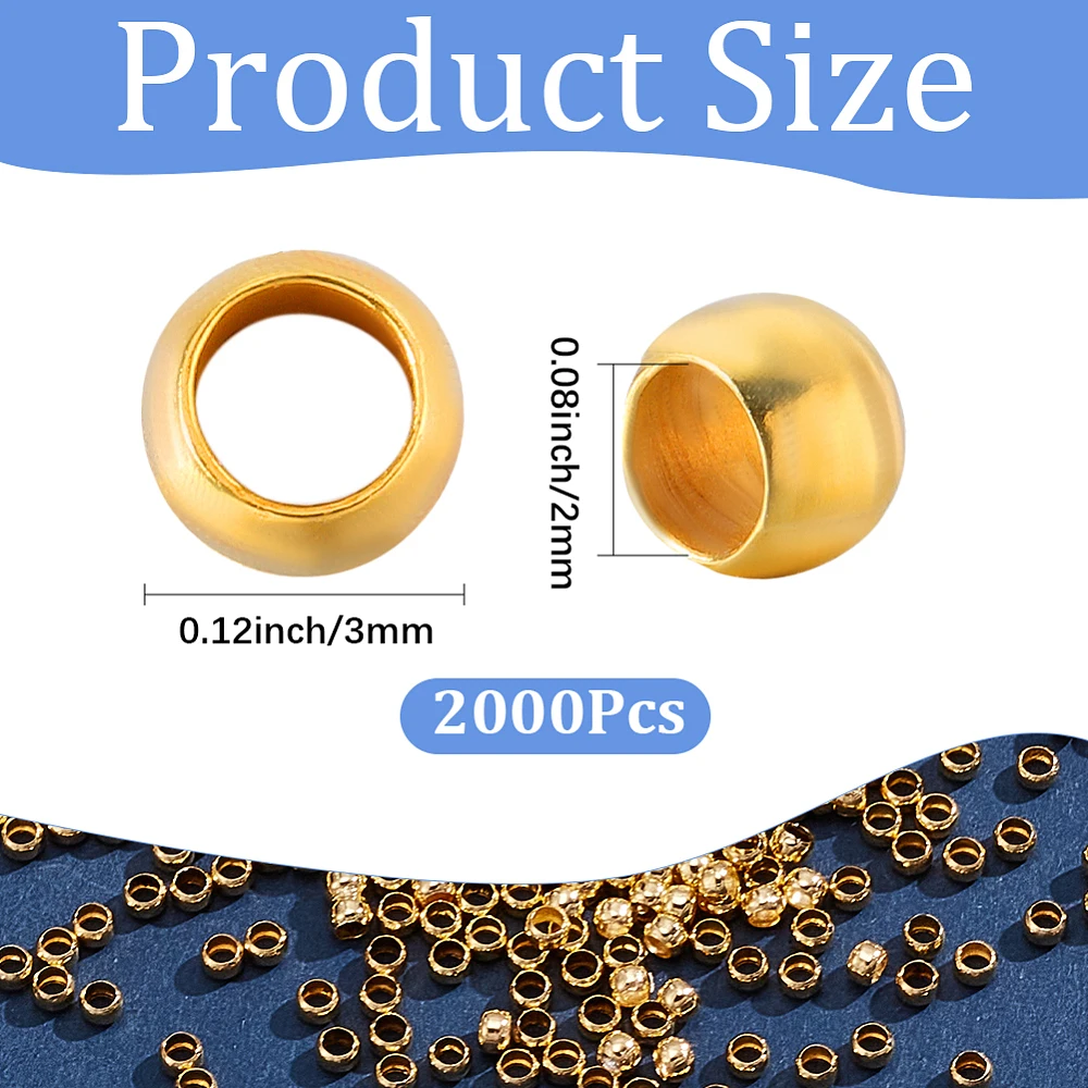 2000Pcs 3mm Crimp Beads Gold Round Crimp Beads Metal Spacer Stopper Clamp Ends Rondelle Crimper Cord End Caps