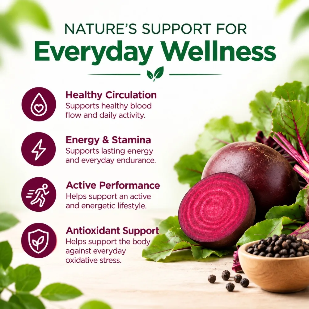 Organic Beet Root Capsules 20:1 Extract 8000mg Equivalent with 5mg Black Pepper for Energy & Absorption Support, 120 Count