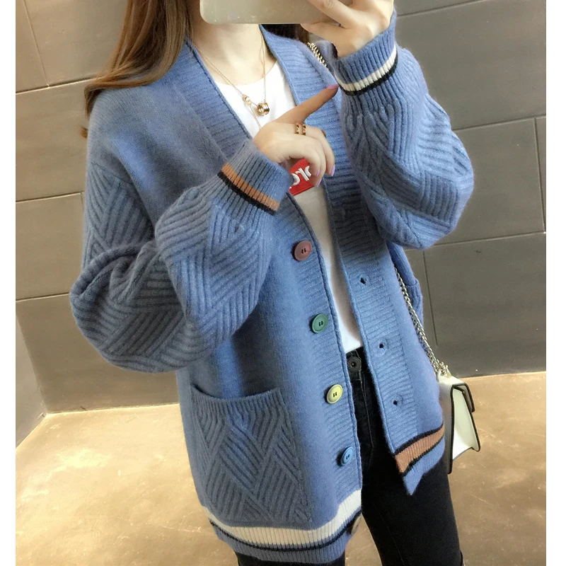 

Fashion V Neck Loose Cardigan Sweater Women Casual Knitted Jackets 2025 Autumn Winter Pocket New Korean Version Buttons Clothing