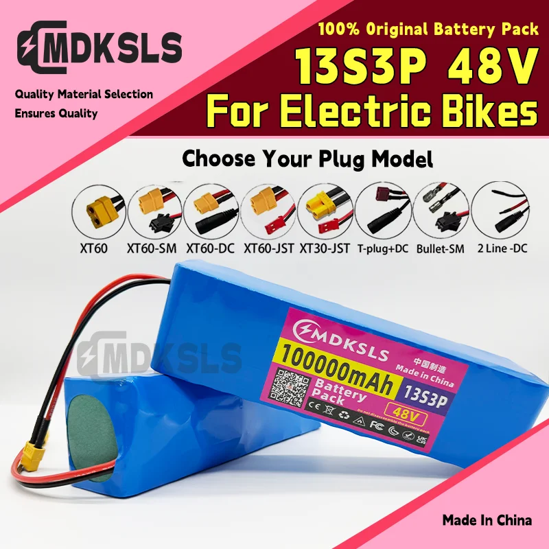 2026 MDKSLS New 13S3P 48V 100000mAh 100Ah Lithium-ion Battery Pack with 1000W BMS for 54.6V E-bike Electric Bicycle Scooter