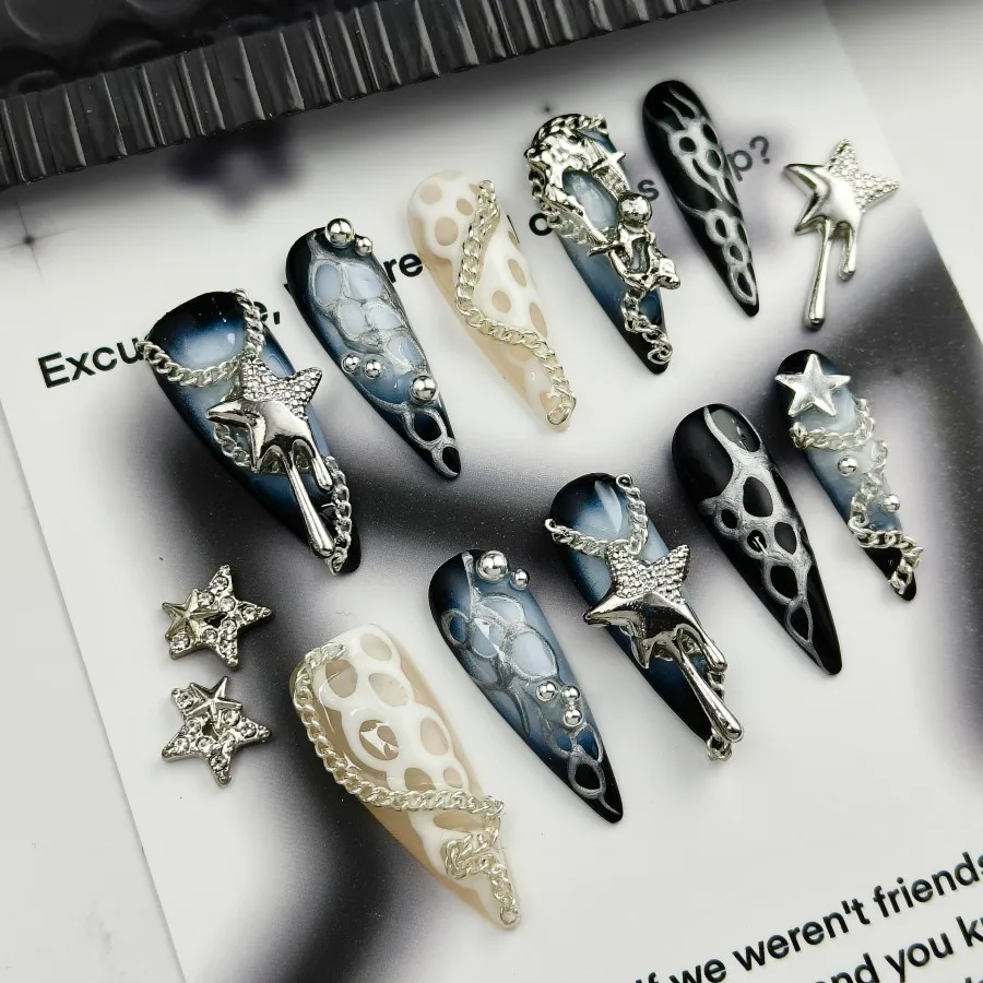 

Handmade Press On Nails, 10pcs, sweet and cool hand drawn patch style fake nails, star chain decoration,artificial nails.