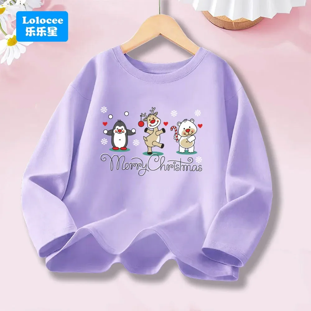 

Merry Christmas Long Sleeve T-shirts Girls' Kawaii Santa Claus Tops Cute Penguin, Reindeer, Polar Bear Print Xmas Tee SDDW1