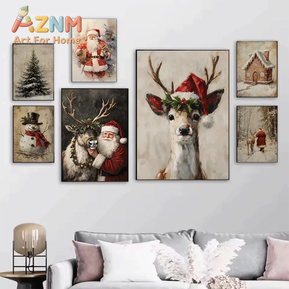 Vintage Christmas Canvas Print, Retro Santa Reindeer Winter Holiday Art Poster, Frameless Canvas Wall Picture for Xmas Home In