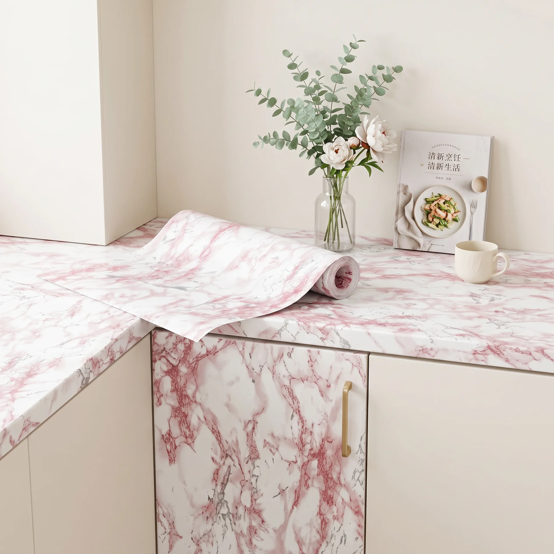 Glossy Pink Marble Contact Paper Self-Adhesive Kitchen CountertopGranite Wallpaper Waterproof Oil Proof Sticker for Home Decor