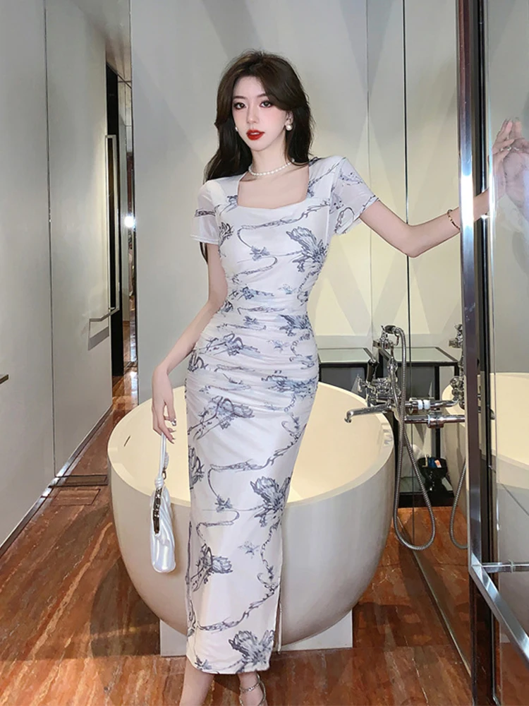 

Summer Lady Print Vacation Holiday Long Dress Women Short Sleeve Bodycon Slim Folds Party Vestidos Robe Femme Stretchy Clothes