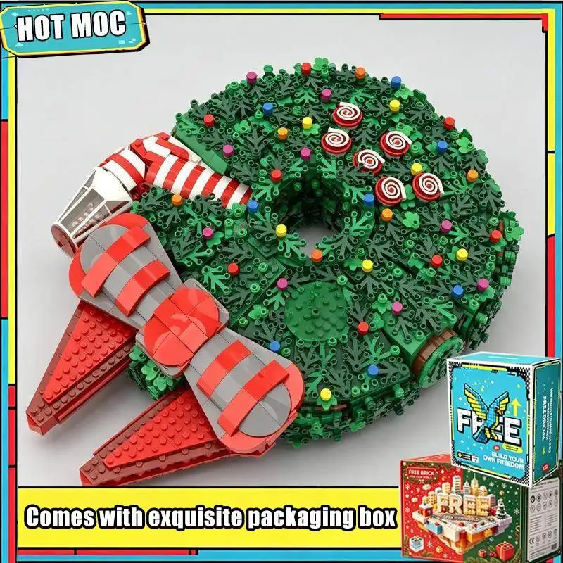 NEW 2186PCS Christmas Wreath Space Fighter MOC Model Custom Building Blocks DIY Assembly Holiday Creative Display Toy Gift Set