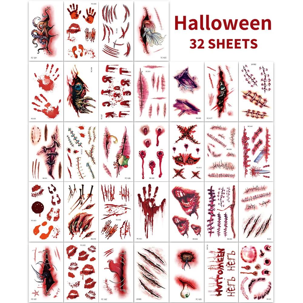 32 قطعة من الوشم المؤقت للندبات المزيفة ثلاثية الأبعاد للهالوين - تصاميم الجرح الدموي والزومبي للوجه/الجسم والحفلات التنكرية والمزحة والكوسبلاي ​