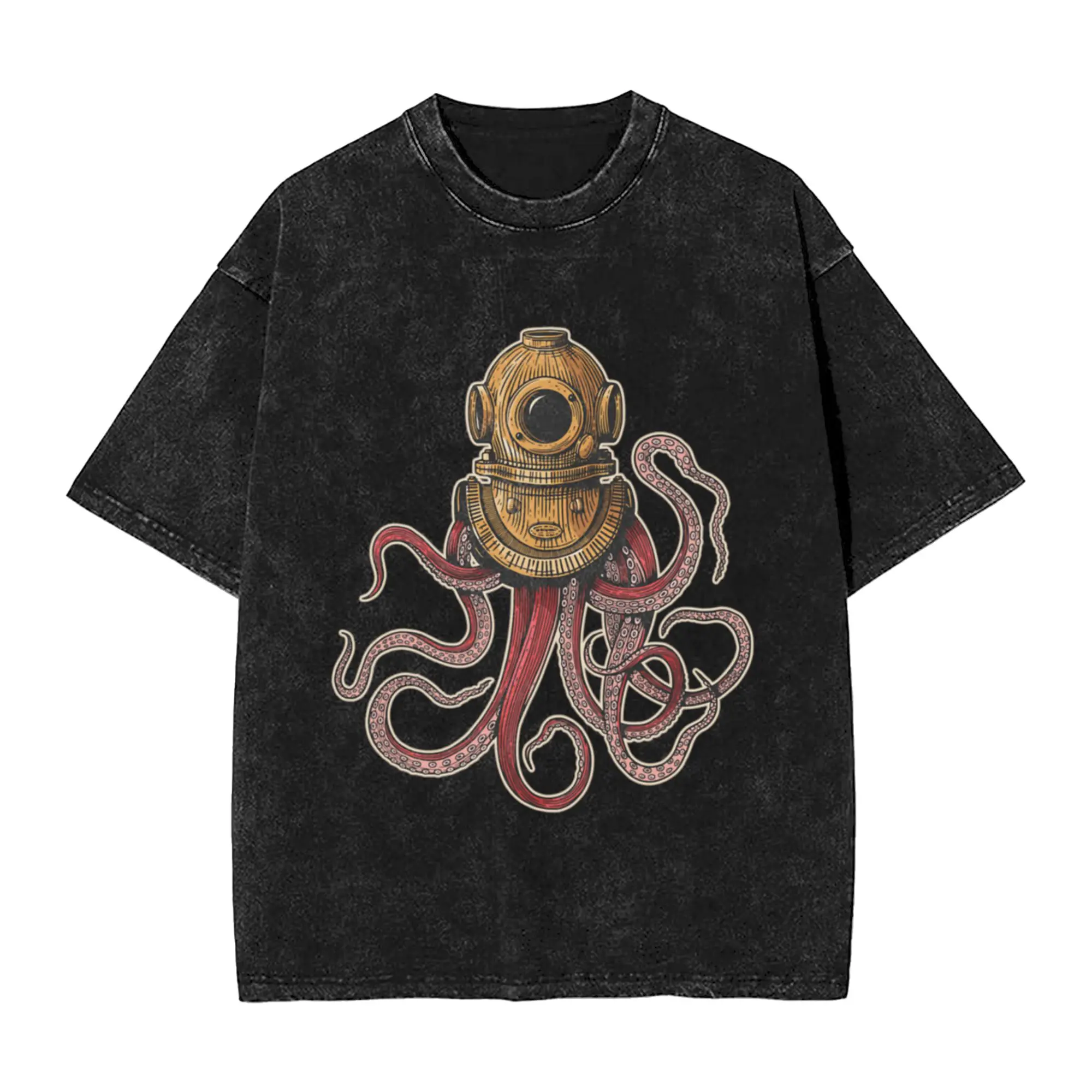 Octopus in a divers helmet  Unique Cool A T-Shirt Oversized Short Sleeve Men's Women's Cotton Tees Tops