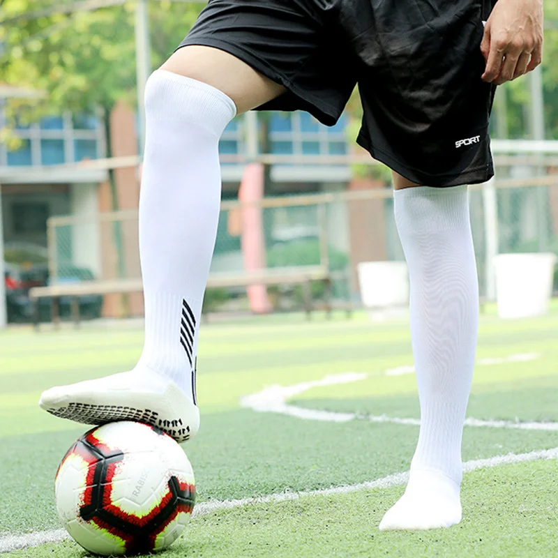 Meias antiderrapante dos homens, futebol, futebol, antiderrapante, sobre o bezerro, beisebol, rugby, almofada grossa, meias atléticas, branco, preto, azul