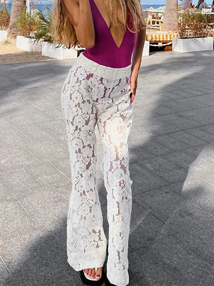 Mumaroho 2024 Summer Women Sexy Lace Flare Pants Beach Solid White High Waist Sheer Trousers Female