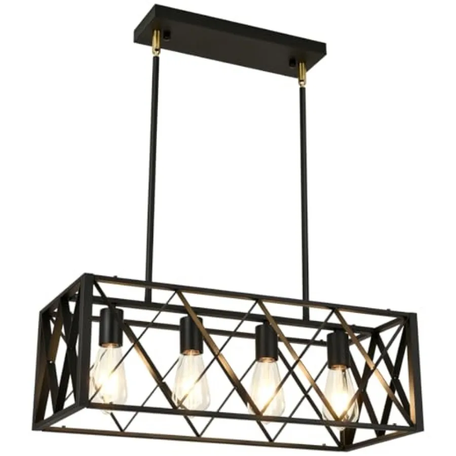 

Black Farmhouse Chandeliers for Dining Room Light Fixture Rectangle Kitchen Island Pendant Lighting 4-Light Metal Industrial Li