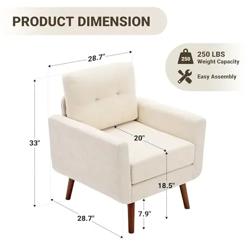 Linen Fabric Single Sofa, Accent Chair, Mid Century Modern Armchair for Living Room, Bedroom Button Tufted Upholstered