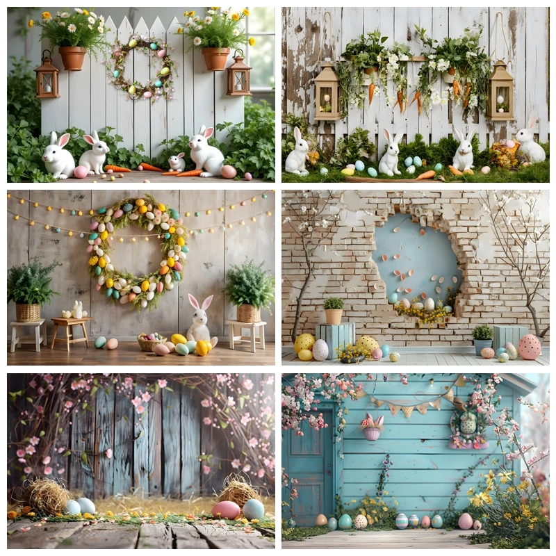 Happy Easter Photography Backdrop White Wooden Board Wall Bunny Rabbit Spring Colorful Easter Eggs Photo Background Studio Props