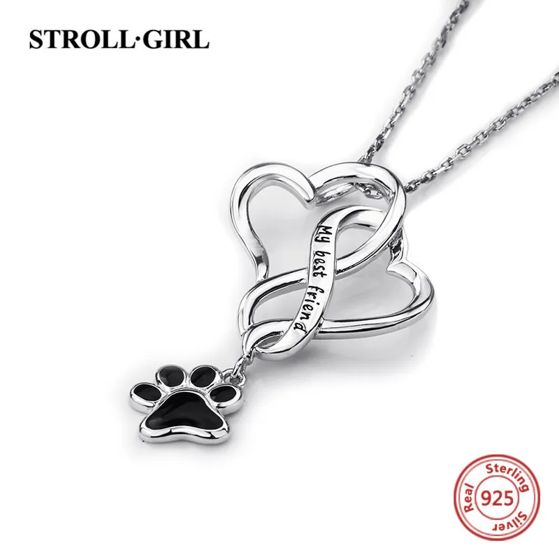 Strollgirl 925 Sterling Silver My Best Friend Dog Footprint Necklaces & Pendants with Black Enamel Women Silver Jewelry Gift