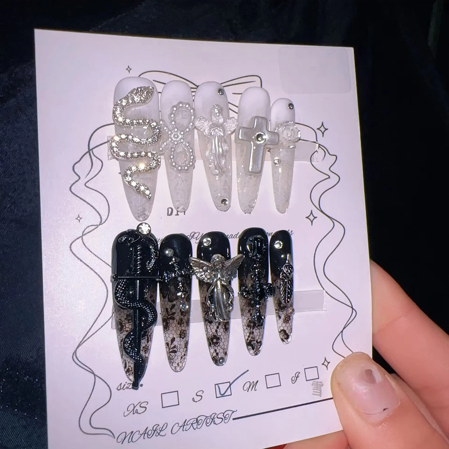 Luxury Dark Gothic Press On Nails Set, Resin Fake Nails with Religious Symbols & Rhinestones, Precise Sizing, Great for Dark Loo