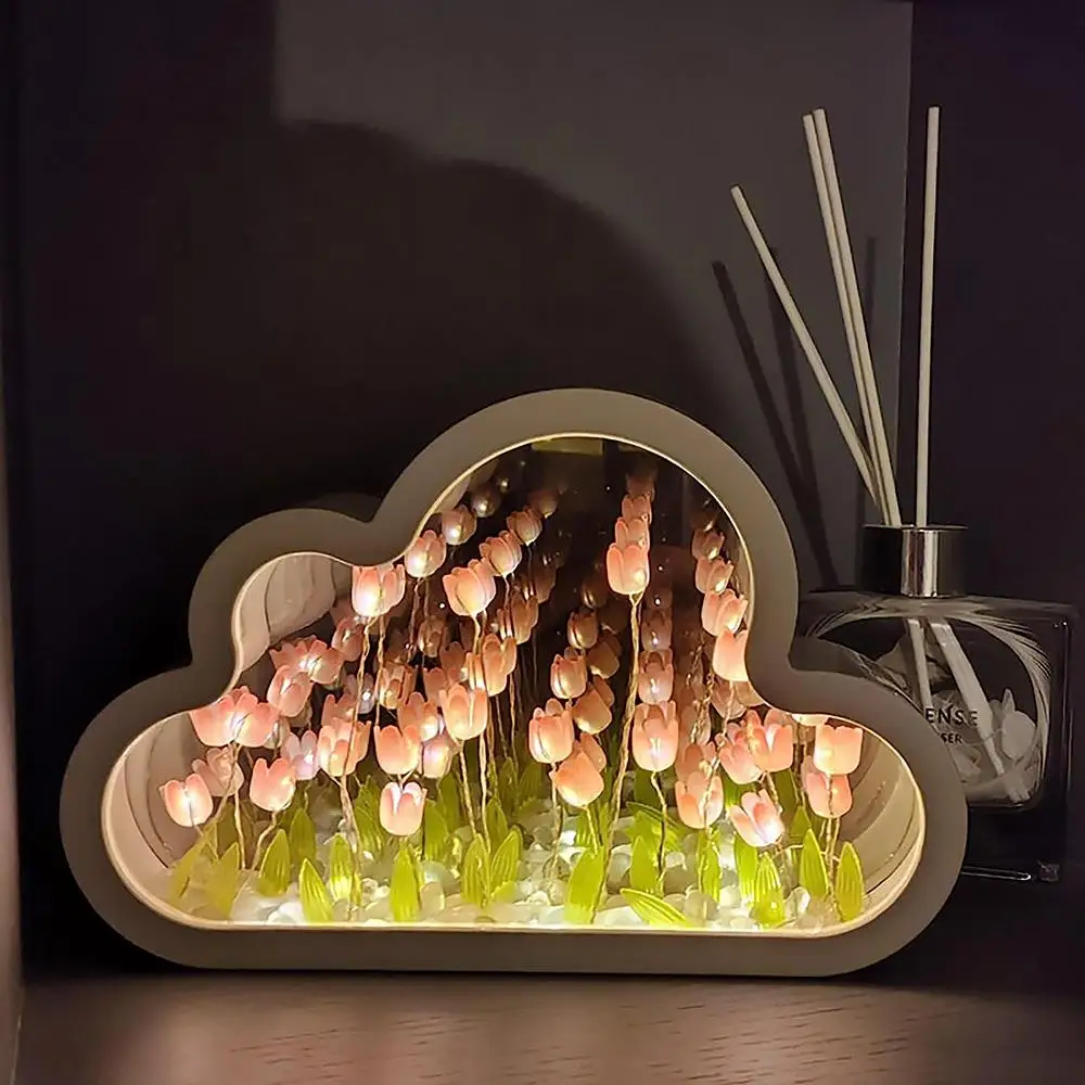 DIY Cloud Tulip LED Night Light Girl Bedroom Ornaments Creative Photo Frame Mirror Table Lamps Bedside Lights Chirstmas Gift