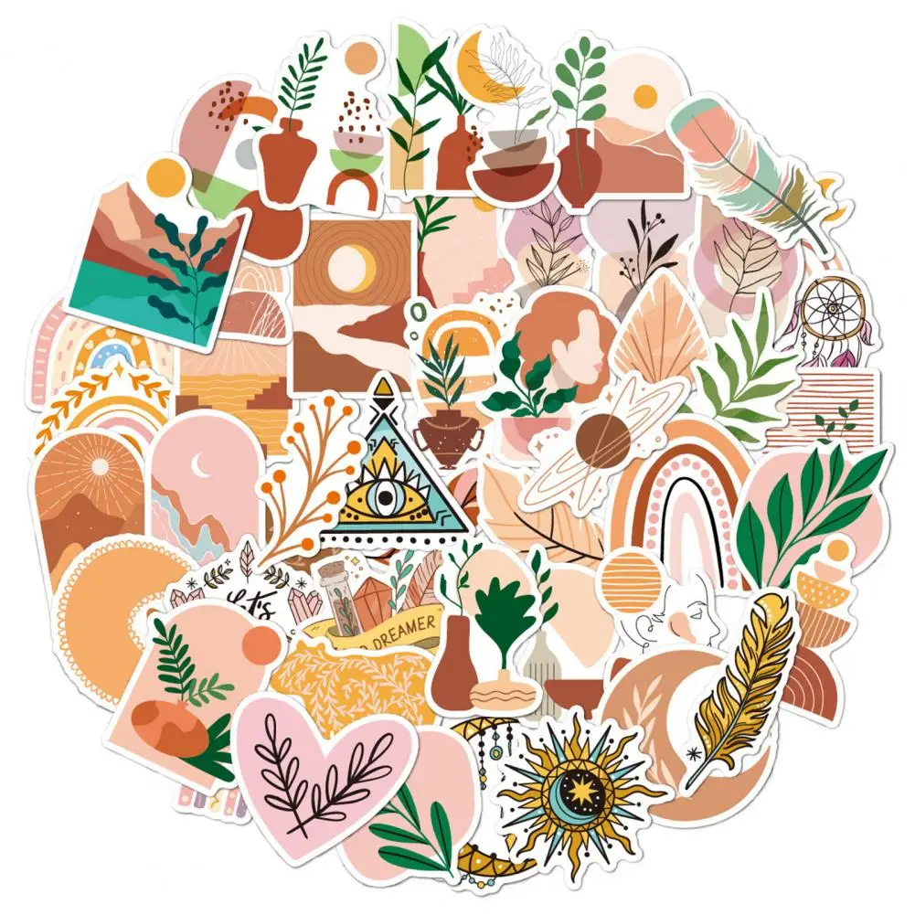 Pegatinas de papelería para piezas, pegatinas de dibujos animados de arte bohemio, impermeables, para ordenador portátil, equipaje, monopatín, teléfono y maleta, 50 Uds.