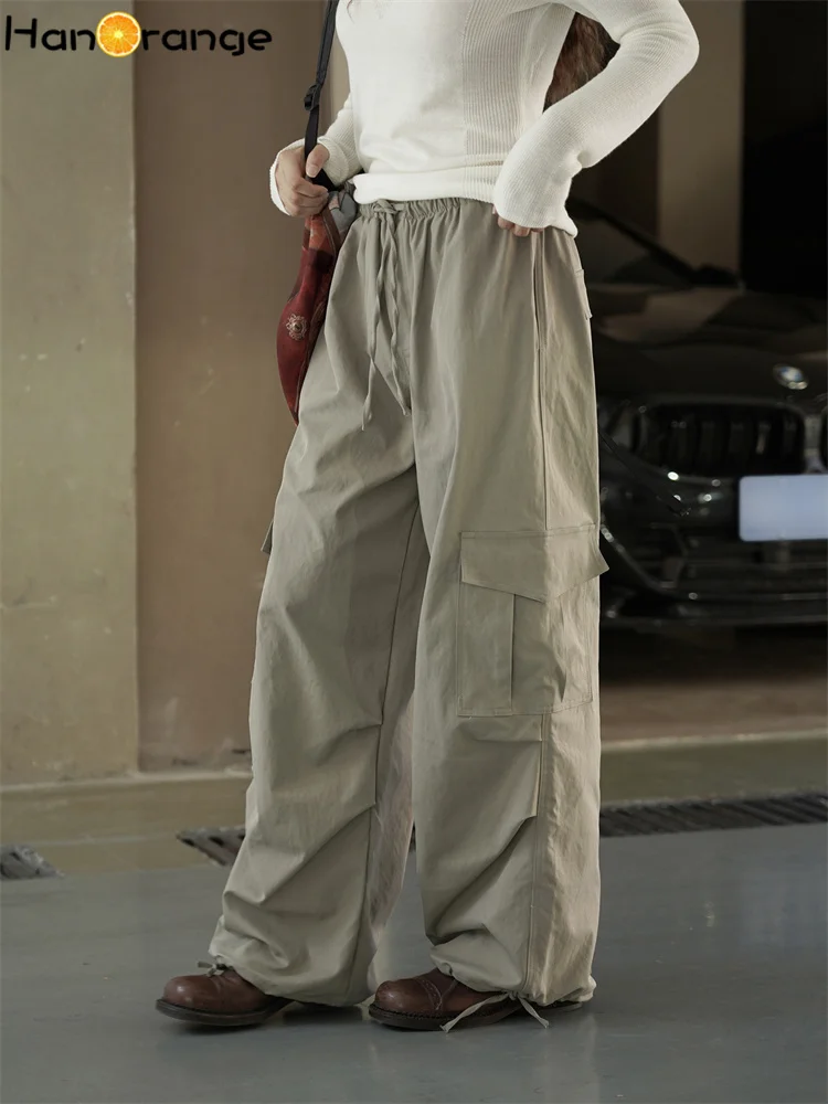 

HanOrange 2025 Autumn Winter Elastic Drawstring Cargo Pants Women Pocket Pleats Slightly Rolled Trousers Dark Gray/Khaki Green