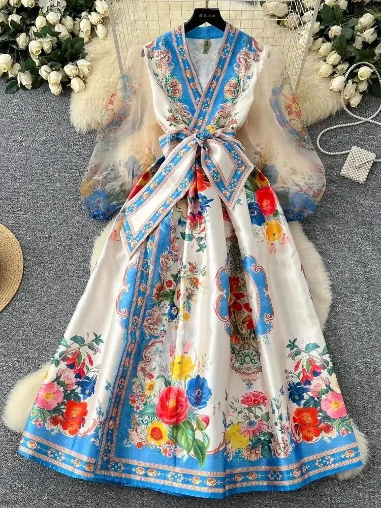 Women Cross V Neck Mesh Lantern Sleeve Boho Ball Gown Dress Vintage Flower Print Splice Thick Satin Bandage Lace Up Wrap Clothes