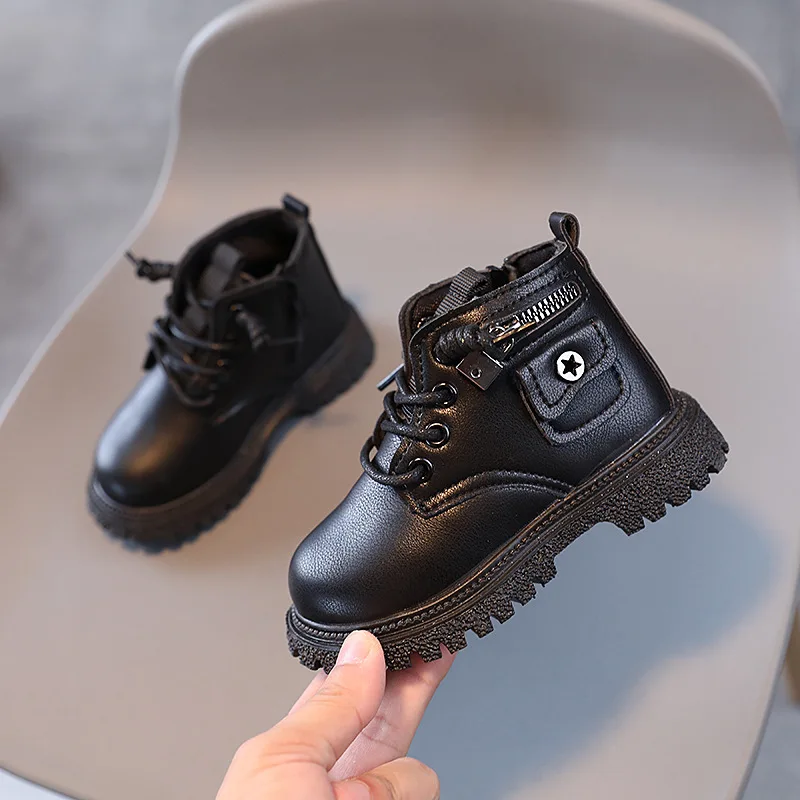 Kids Shoes Boots for Girl British Style Black Versatile Boys Ankle Boots Fashion Spring Autumn Children's Leather Boots Zipper