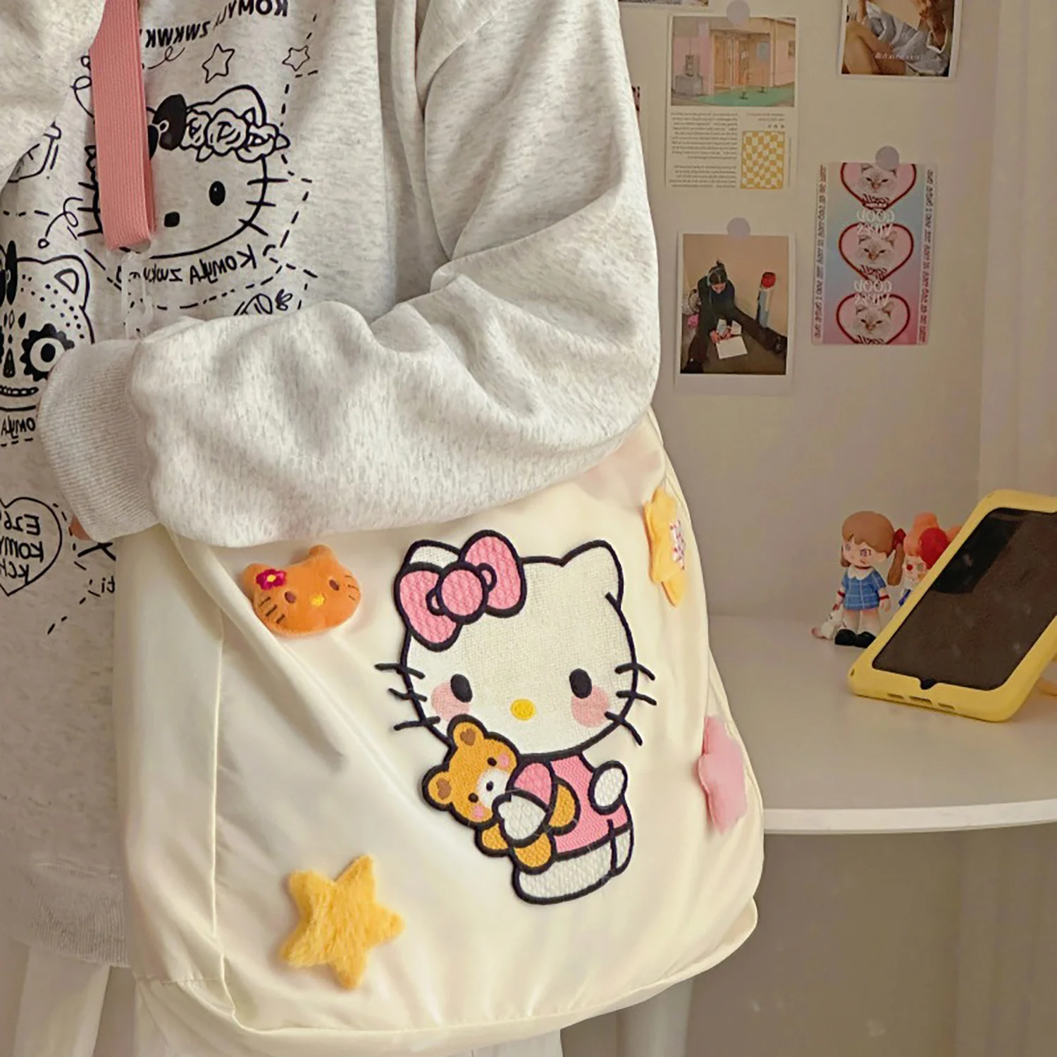 Sanrio HelloKitty Girl-Heart Shoulder Bag, Versatile Large Capacity Crossbody Bag, Cotton Filled Shoulder Strap Fashion Handbag