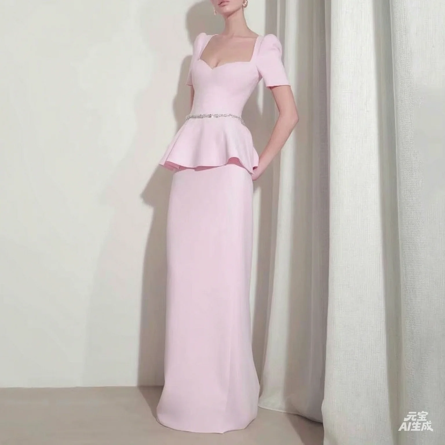 Sheath Evening Dress Square Neck Puff Short Sleeve Peplum Formal Long Gown Mother Of Bride Wedding Guest Prom Party Dresses