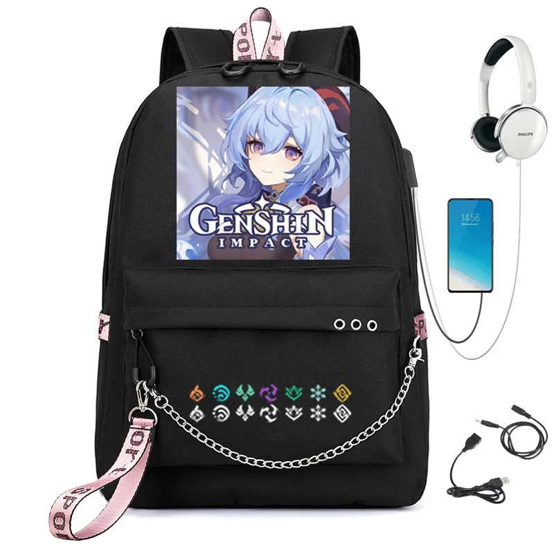 

Genshin Impact USB Backpack School Book Bags Fans Travel Bags Laptop Chain Headphone Port