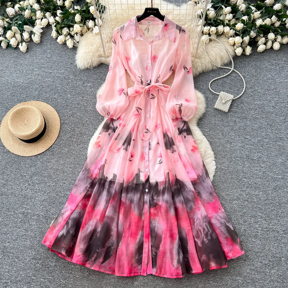 Langes Kleid für Damen, A-Linie, Vestidos, Y2k Streetwear, Umlegekragen, volle Ärmel, eleganter Party-Print, enge Taille, Sommer