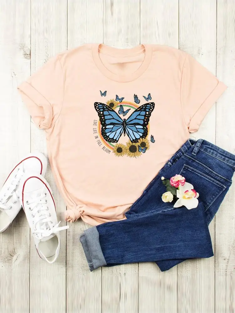 Flower Butterfly Lovely Trend T-shirts Women Clothing Cartoon Shirt Female Short Sleeve Fashion Summer Graphic Tee Print T Top