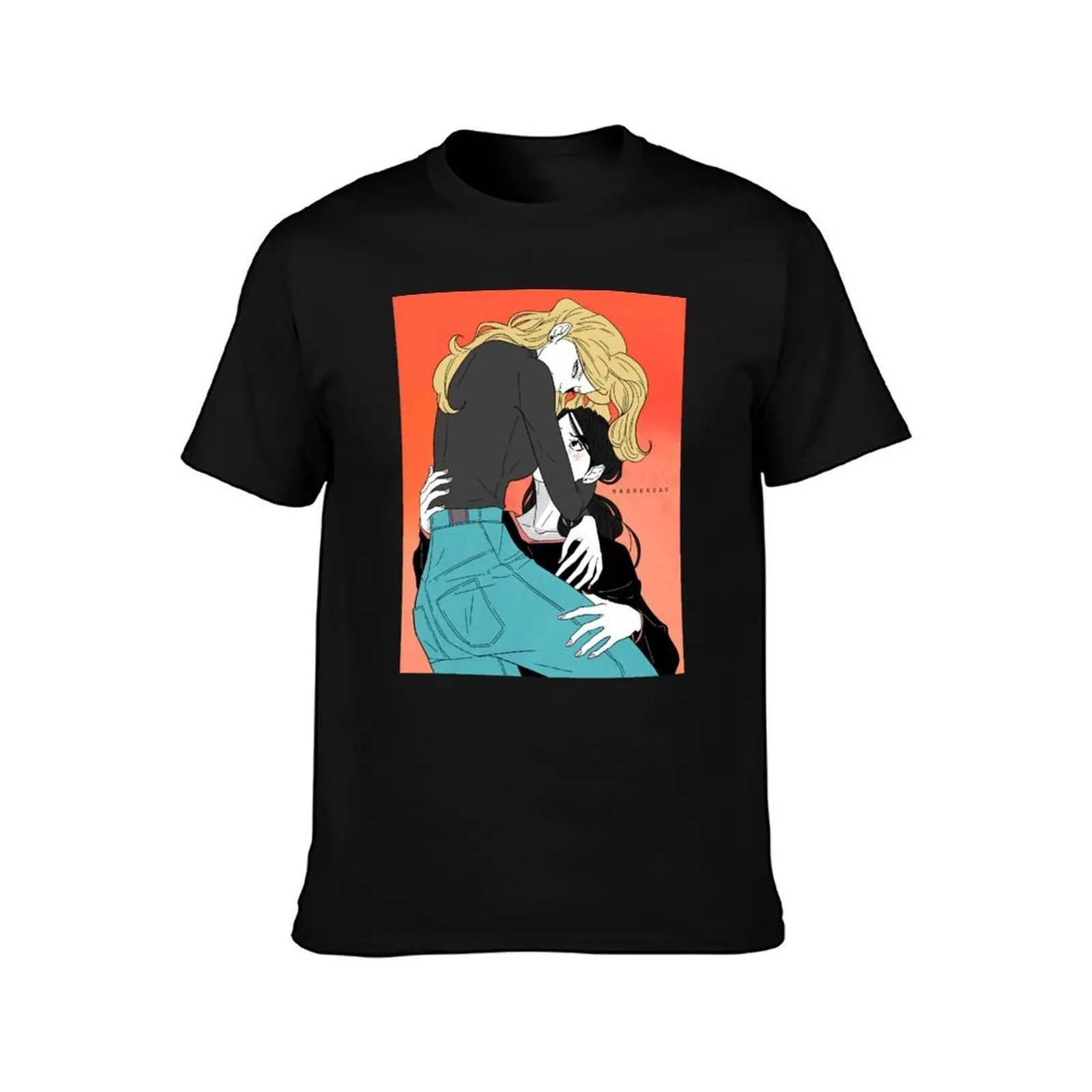 Mitsu and Celia Hug Blindfold Mashersan T-Shirt, Summer Casual Cotton Tee, Oversized Streetwear Tops, Vintage Graphic Print