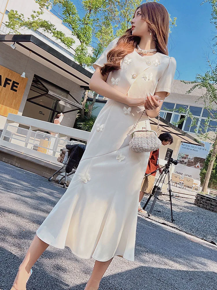 Dabuwawa Two Piece Suit Embroidery Long Trumpet Skirt Summer Women New DM1BSE022