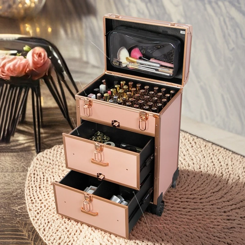 Trolley cosmetic case double-layer separation design, portable roller suitcase, photo studio crew specialization