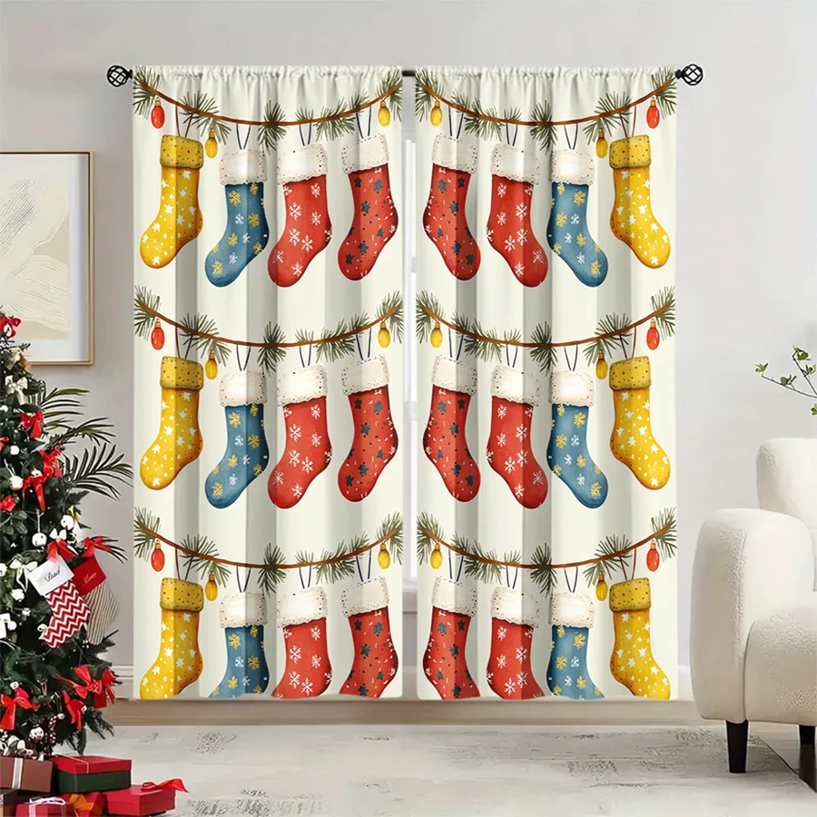 2PCS Christmas Winter Curtains, Christmas Stocking Pine Branch Colorful White, Digital Print, Bedroom Living Room, Home Decor