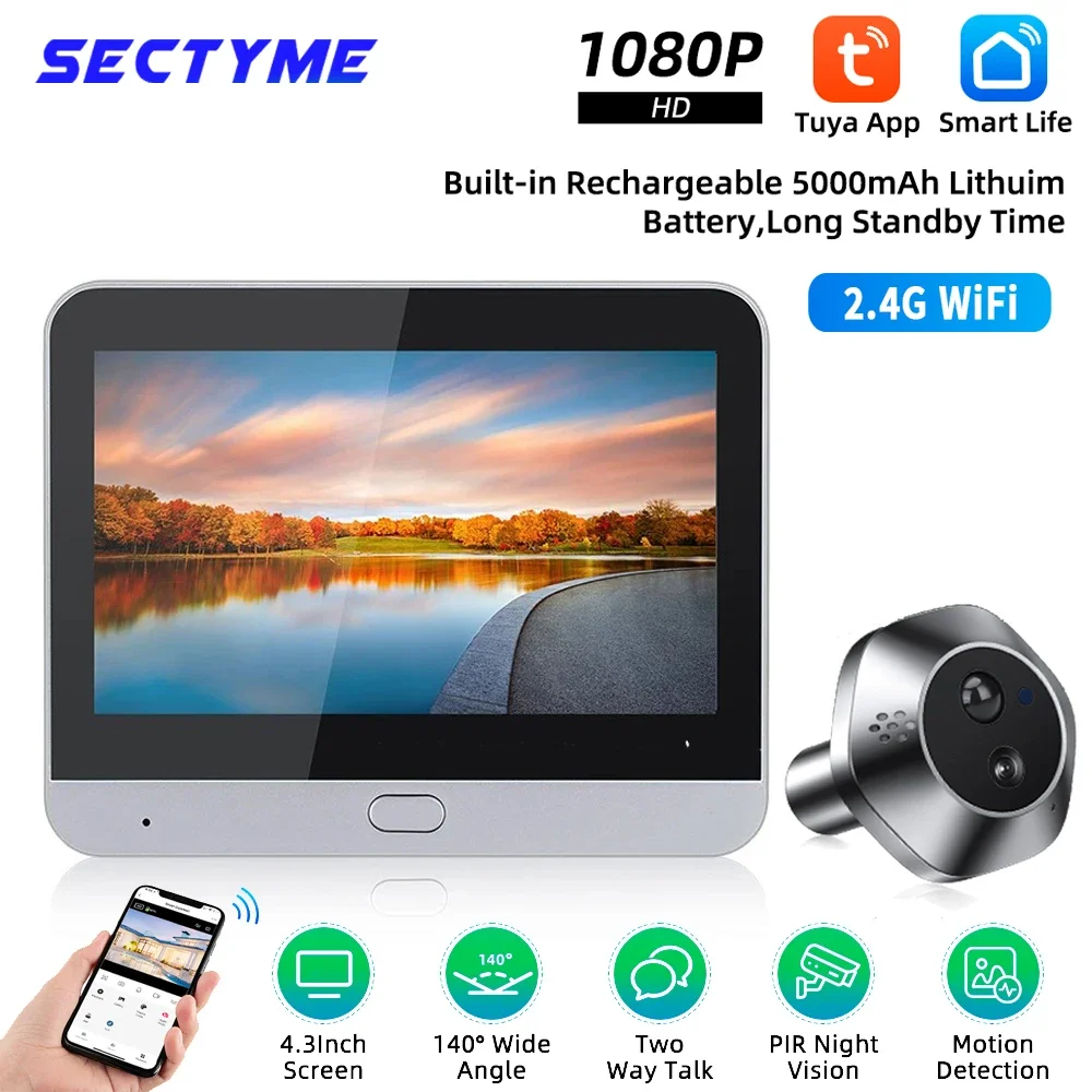 Smart Life Tuya WiFi Peephole Camera Door Bell 140° 1080P 5000mAh Battery PIR Motion Detector IR Digital Viewer 2-Way Talk