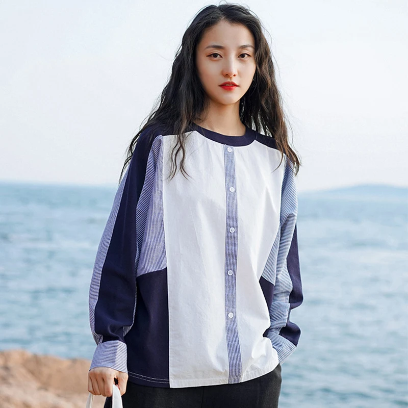 

Loose Striped Long Sleeve T-Shirts Women Spring Autumn 2025 Mix Color Pullovers for Woman Casual Button Patchwork Tops Mujer