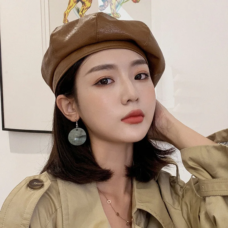 Retro Solid Color PU Leather Beret Hat For Women Lady Elegant French Octagonal Artist Painter Cap Spring Autumn Plain Bonnet