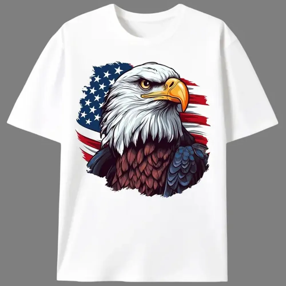 Men's Retro Graphic T-Shirt with Patriotic Printed Eagle, 100% Cotton Knit Fabric for Streetwear, Round Neck, Knitting, Retro Preppy