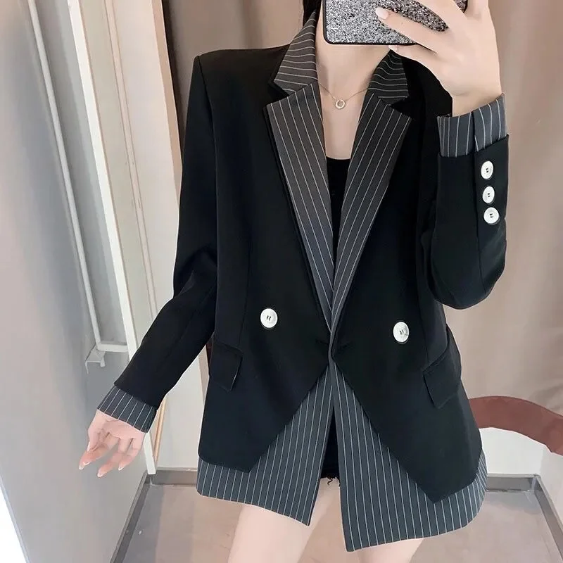 Ladies Fake Two Pieces Tops Outerwear Women Design sense niche Black Suit Coat Spring New Female Long Sleeved Blazer Jacket