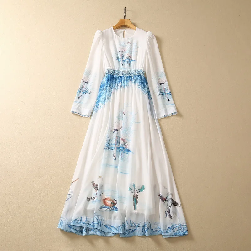 Spring Fashion Designer Pink Vintage Floral Print Dress Women O Neck Long Sleeve Bow High Waist Slim A-LINE Long Dress