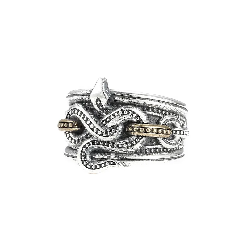 Vintage Snake Chain Wrapped Ring Men Thai Silver Heavy Adjustable Opening Personality Retro Finger Ring Fashion Jewelry