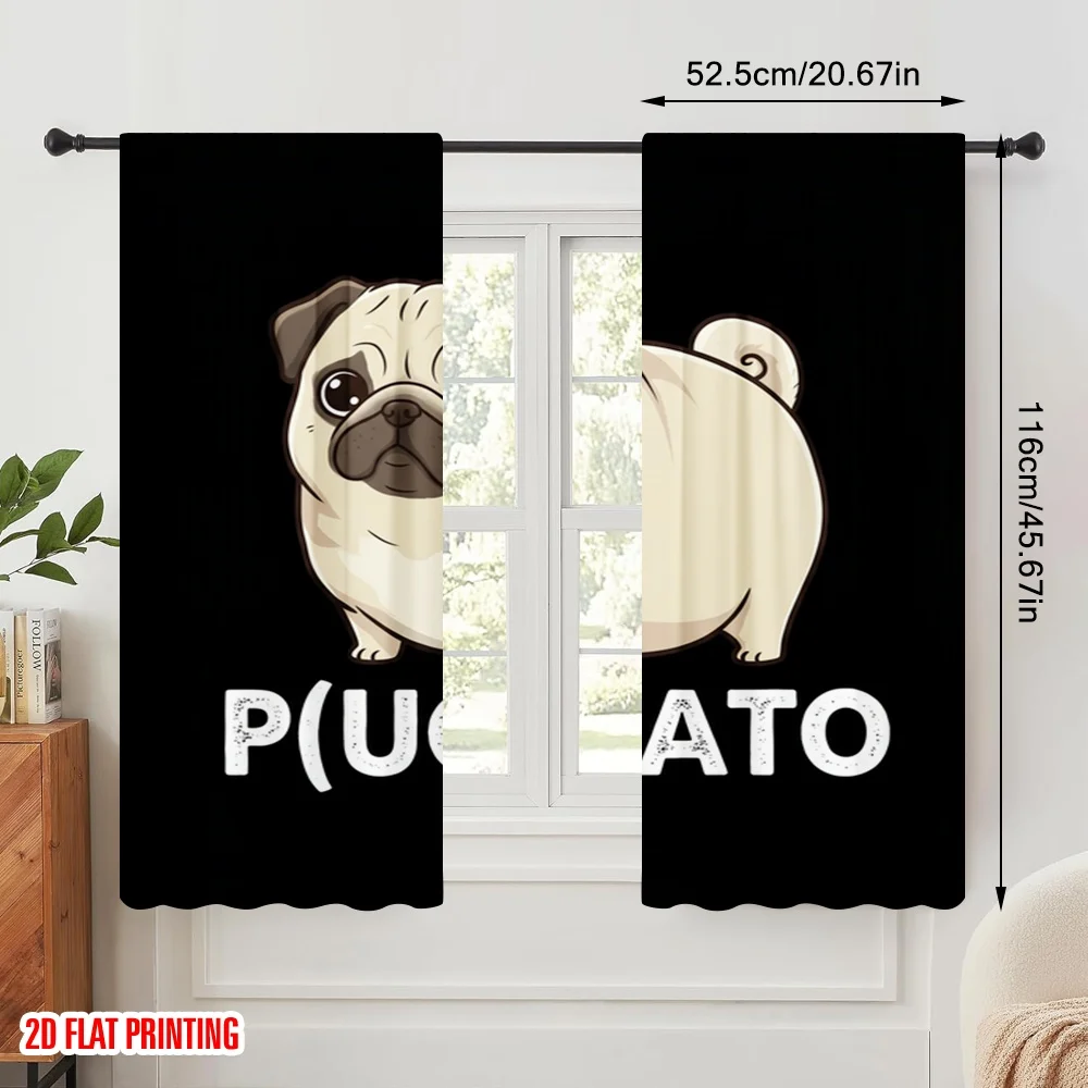 2pcs 2D flat printing Party Window Curtains Cute Pug Potato Funny Polyester Without Electricity Holiday Decorations Use for
