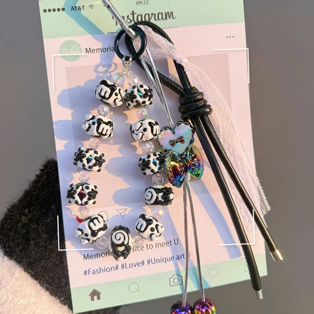 

Fashion Bowknot Leather Rope Keychain Hand-painted Beaded Bag Pendant Ornaments Rope Y2K Mobile Phone Lanyard Gifts