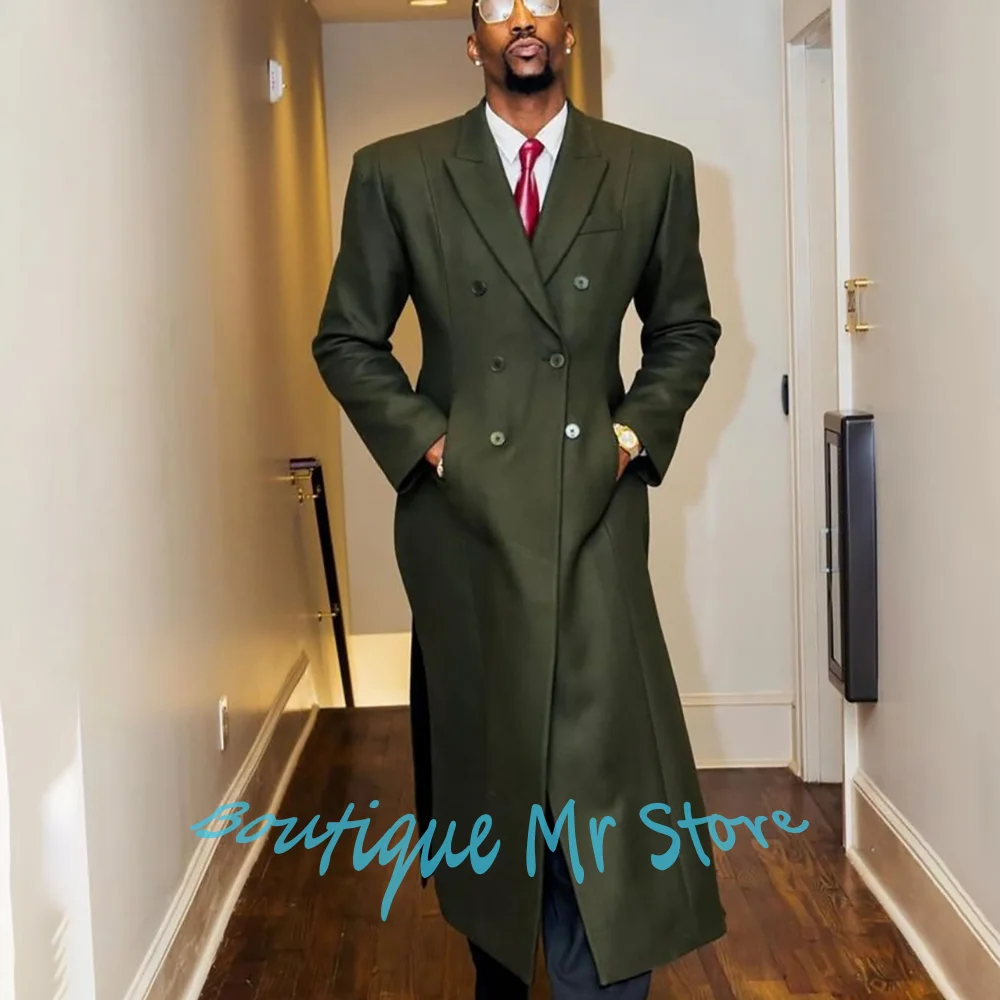 

Оливково-зеленое длинное двубортное мужское пальто, шерстяная длинная куртка с остроконечными лацканами для изысканного зимнего стиля
