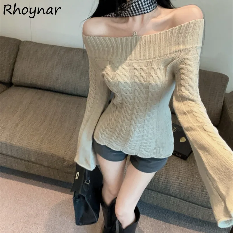 

Pullovers Women Autumn Graceful Female Temperament Slim Sweater Solid Simple Casual Slash Neck Design Fashion Ulzzang Knitted