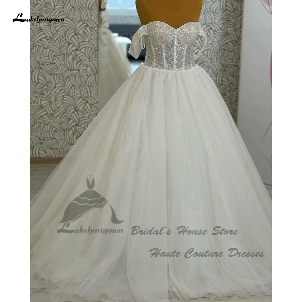 Vestidos de casamento espartilho princesa fora do ombro para mulheres, renda para cima, tule branco elegante, vestidos de noiva longa praia, 2024