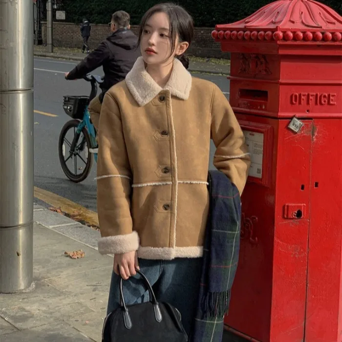 

Women's Chic Retro Sle Spliced Suede Warm Fur Inteated Lamb Fur Coat Korean Version Commute Loose Fit Long Sve Coat